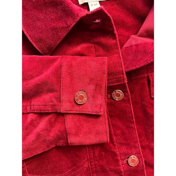 DENIM & CO RED STRETCH VELVETEEN PETITE LONG JACKET NWOT - Picture 5 of 8
